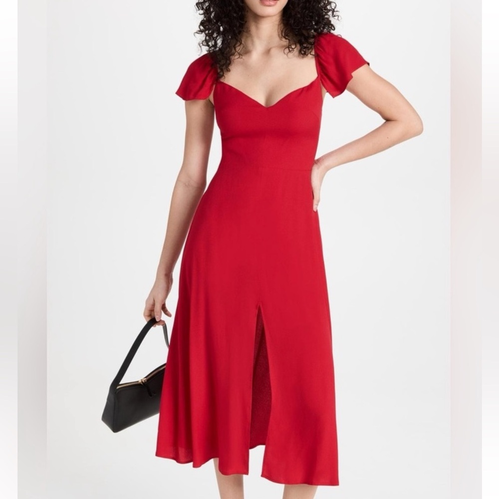 Reformation Red Sweetheart Midi Dress with Puff Cap Sleeves ( Baxley dress)